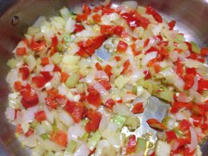 Saute of bell pepper, onions. garlic and celery