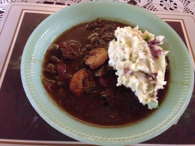 Shrimp. Sausage and Okra Gumbo served with scoop of Potato Salad