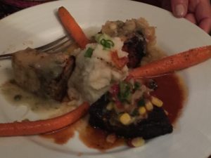 Swordfish served three ways with Mashed Potatoes and Carrots