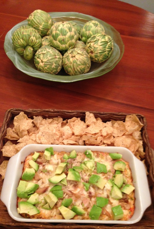 Game Day Creamy Chicken Dip topped with Fresh avocado served with tortilla chips