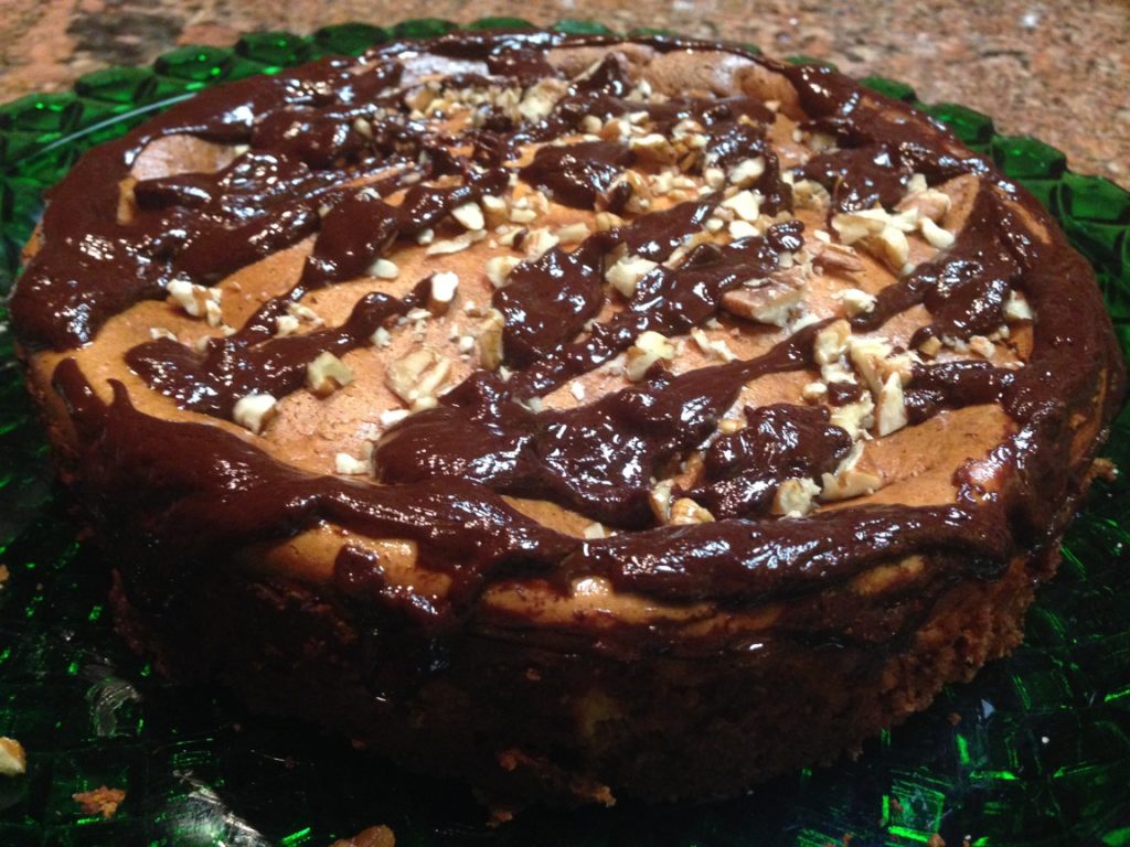 Cafe Cheesecake with Pecans and Drizzled Chocolate