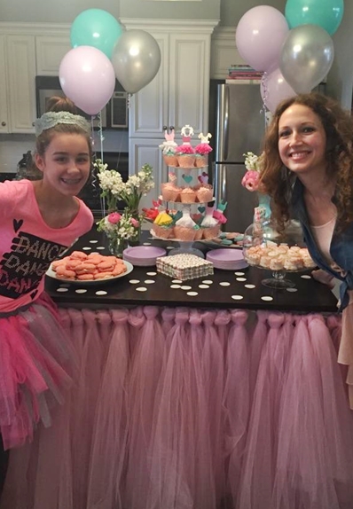 Curlylocks and mini Mimi with tutu wrapped dessert table loaded with treats