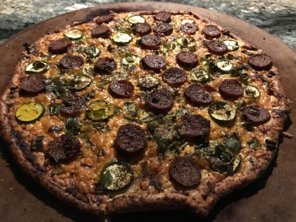 Baked Pesto Sausage Zucchini Cheese Onion Pizza Quick Appetizer Plus Craft Beer- Now!www.diningwithmimi.com