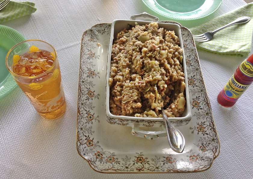 Antique platter and soup tureen filled with Old Southern Rice Dressing www.diningwithmimi.com