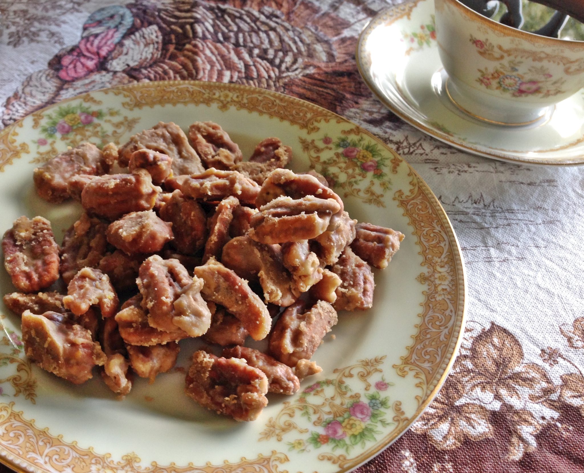 Butter colored Noritake china with Homemade Candied Pecans www.diningwithmimi.com