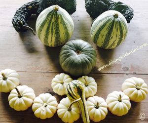 Wooden Table holding pumpkins forming a face www.diningwithmimi.com