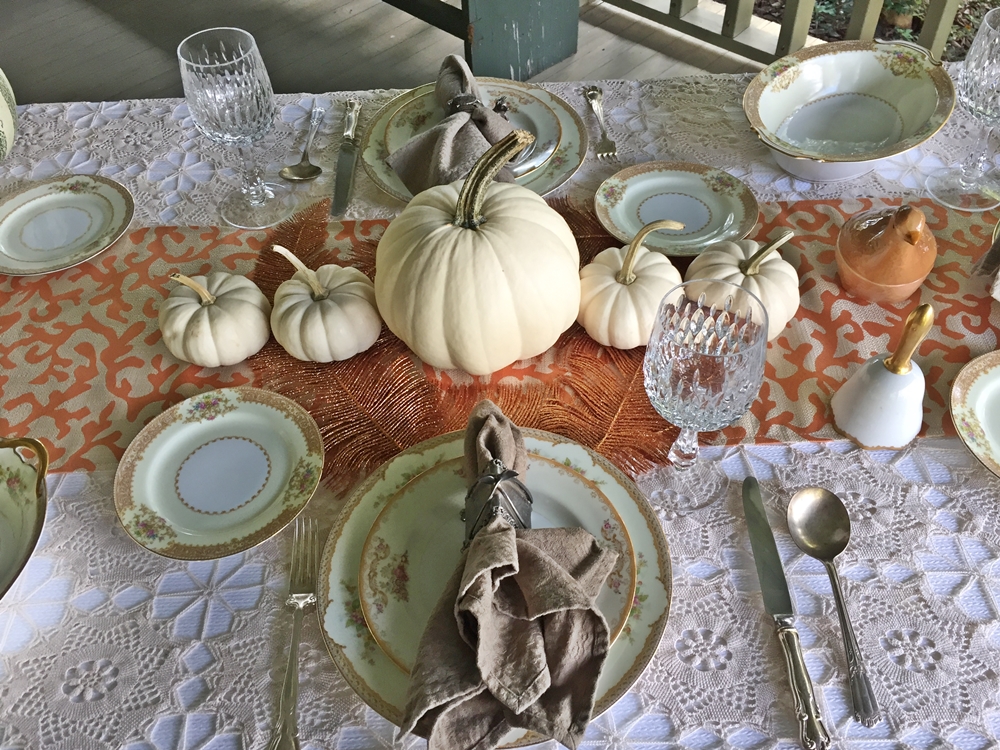 Table dressed with Noritake china, white pumpkins and vintage beige linens Turkey Pairing Southern Side Dish www.diningwithmimi.com