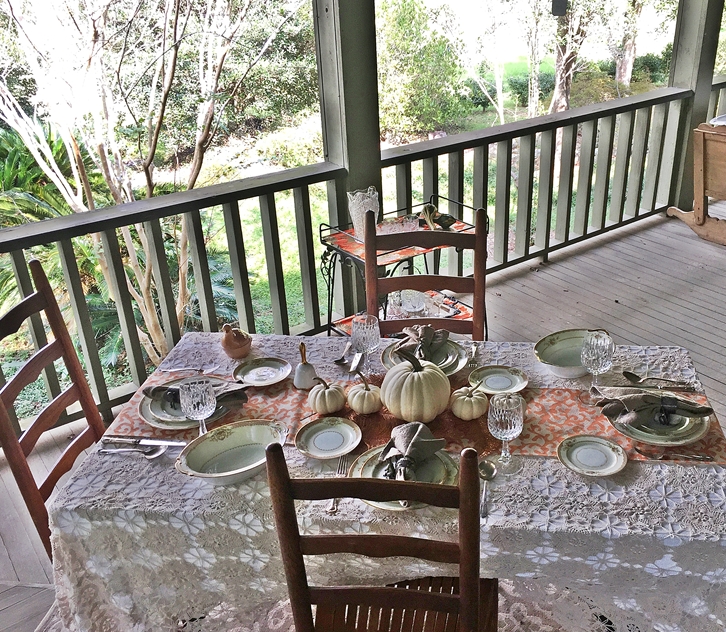 Table dressed with vintage linens, White pumpkins, Fall runner with Noritake china Turkey Pairing Southern Side Dish www.diningwithmimi.com