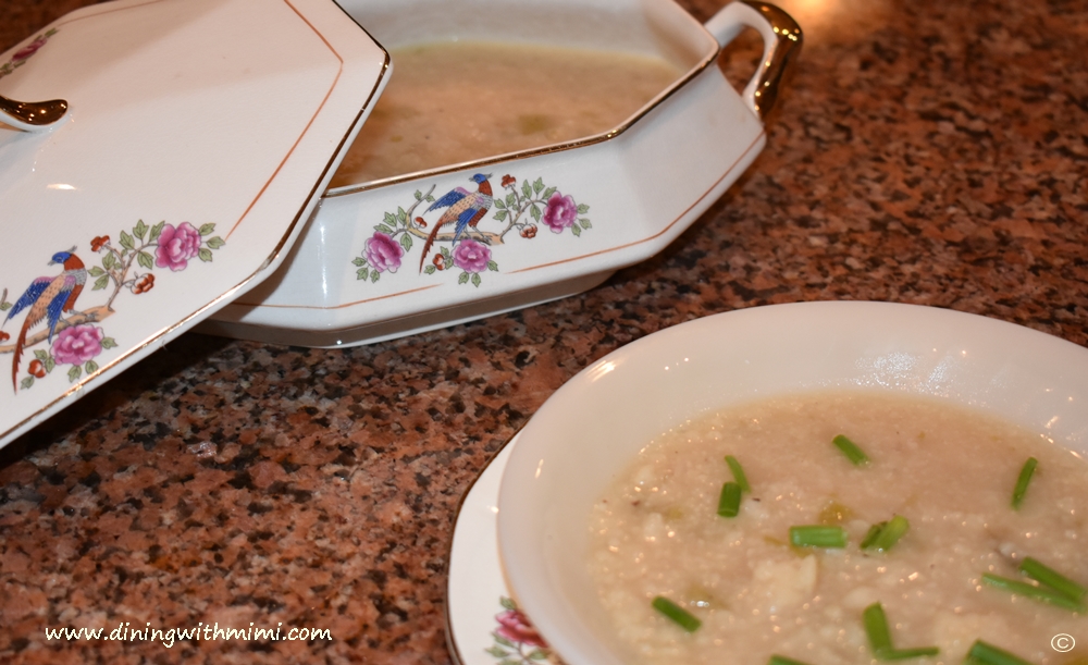 Vintage dishes filled with Cauliflower Comfort Soup- Heals What Ails Ya' www.diningwithmimi.com