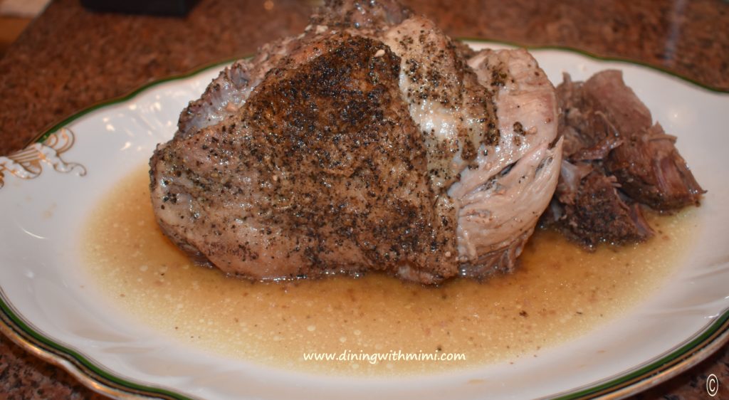 Browned Pork Roast with au jus Wine, Women Roast and Anson Mills www. diningwithmimi.com