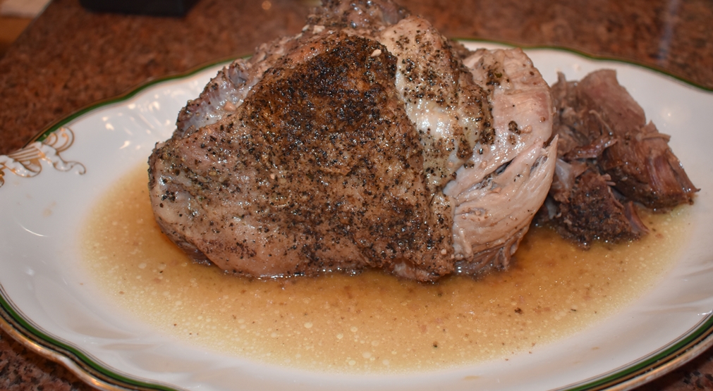 Antique platter with Drowning Seasoned Pork Roast in Yesterday's Wine www.diningwithmimi.com