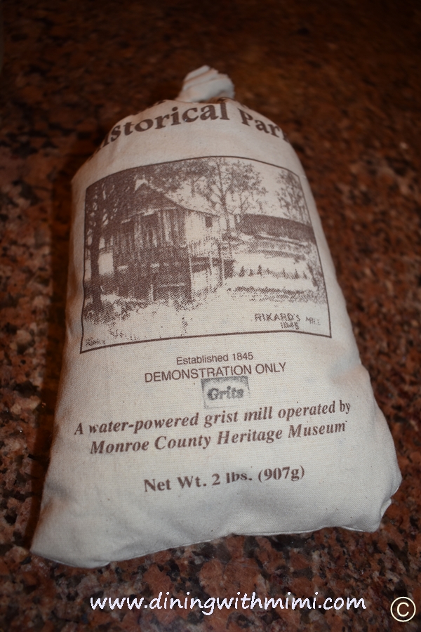 Grits from Monroevilles Historical Park to be used in Spicy Gulf Shrimp Gravy, Andouille Sausage and Grits Recipe www.diningwithmimi.com