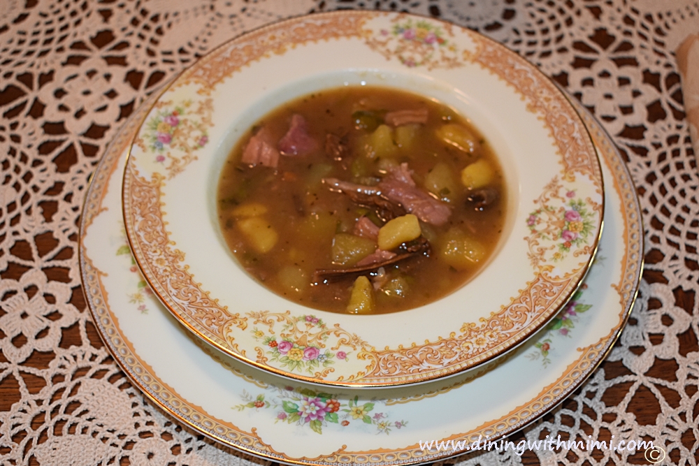 Hot bowl of Save a Ham Bone, Feed a Cowboy Soup Recipe www.diningwithmimi.com