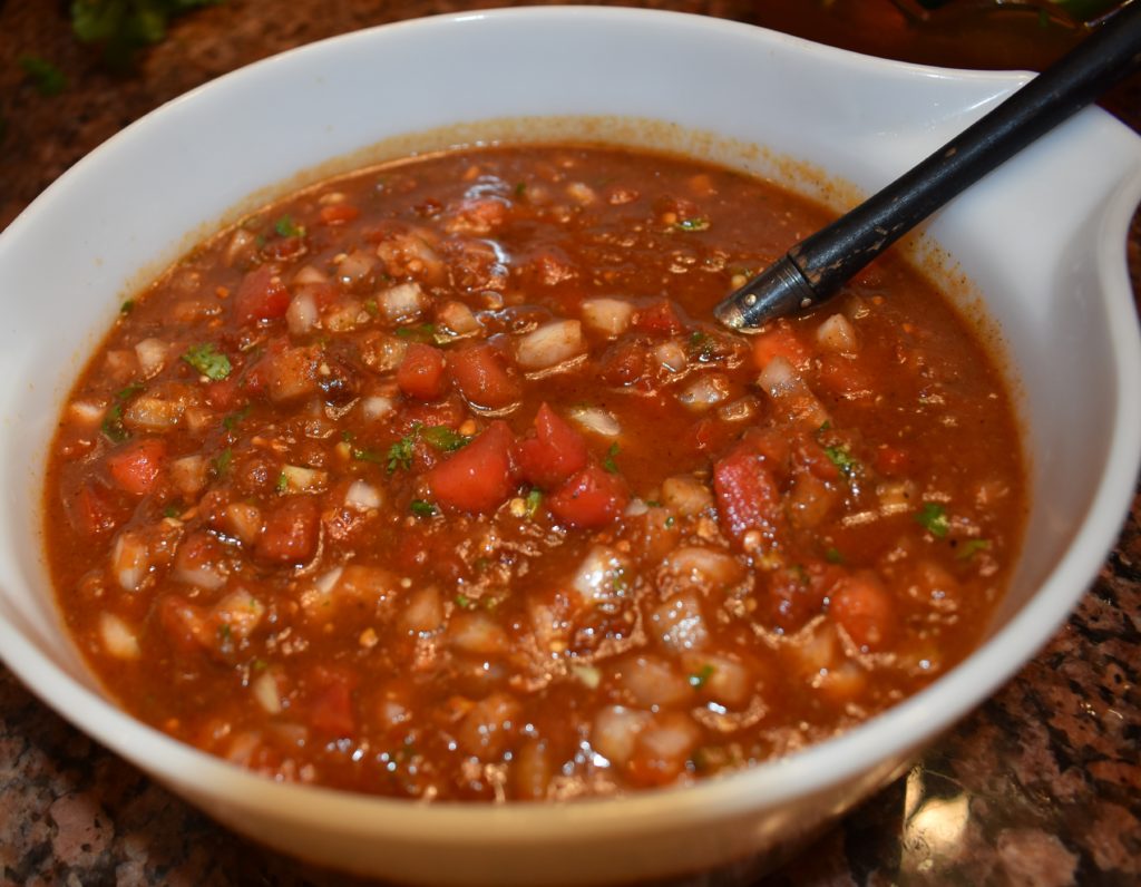 Yummy bowl of Smoky Roasted Poblano, Tomatillo and Tomato Salsa www.diningwithmimi.com