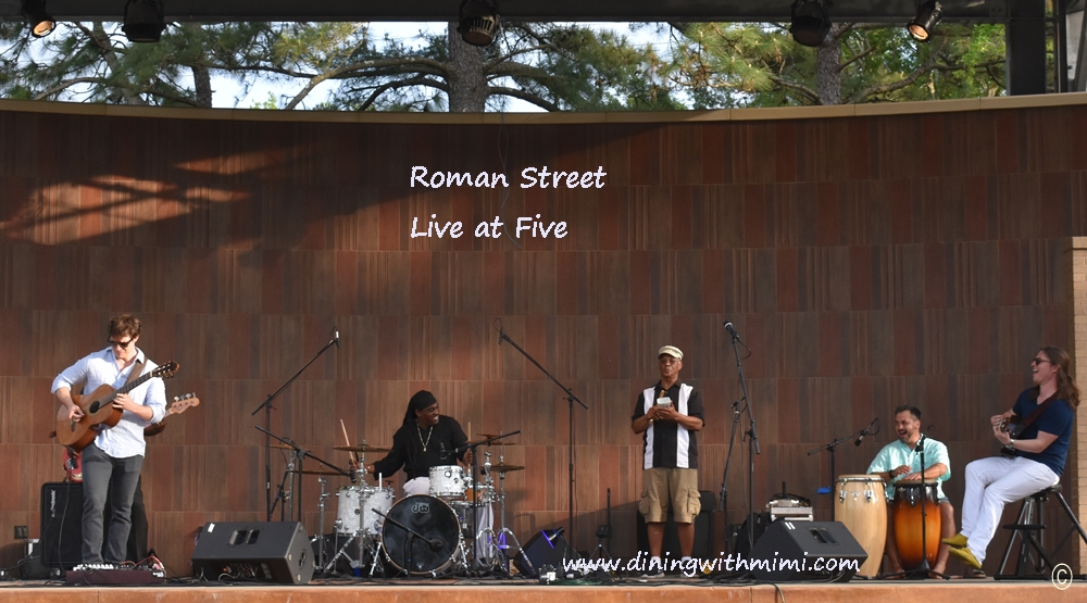 Five musicians playing in Roman Street Band playing Cinco inspired Smoky Roasted Poblano, Tomatillo and Tomato Salsa www.diningwithmimi.com