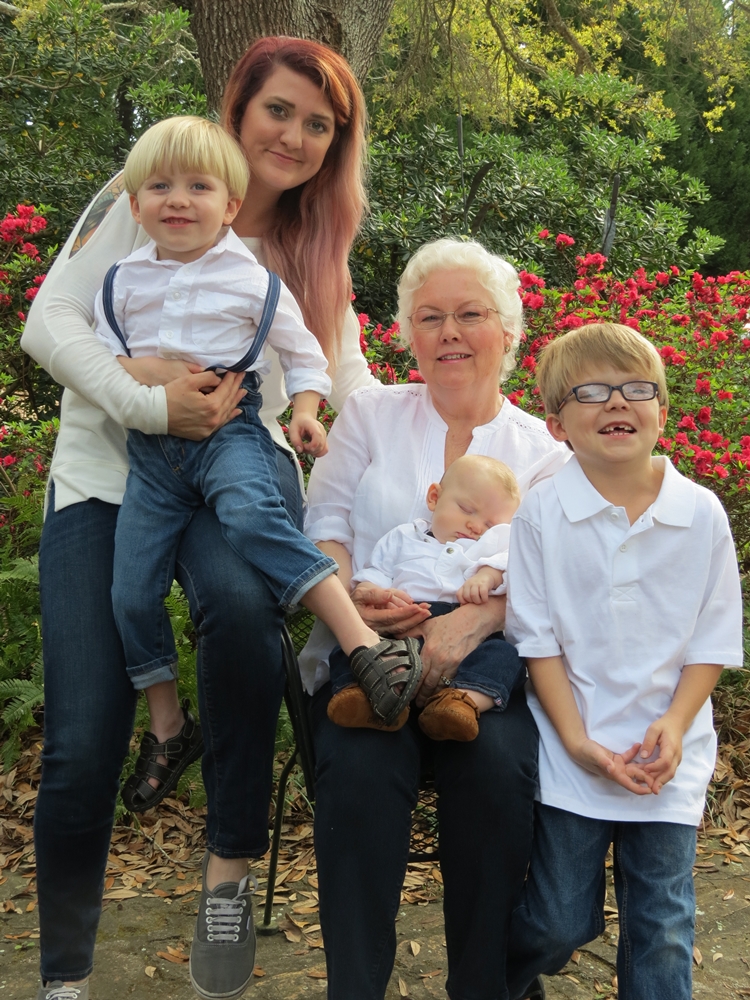 Granny and her little ones in front red azaleas Love Here and Loves From Afar www.diningwithmimi.com