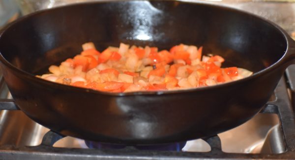 Skillet cooking peppers & onions for Busy Moms Beckon The Bacon Frittata Recipe www.diningwithmimi.com