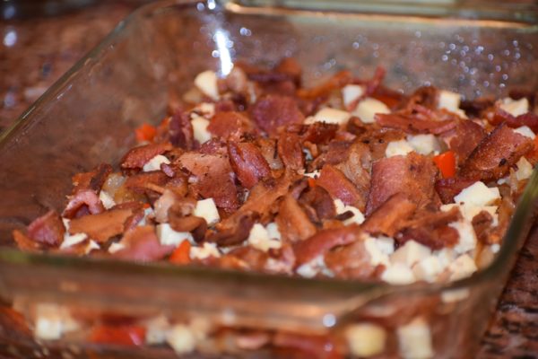 Layered recipe in process for Busy Moms Beckon The Bacon Frittata Recipe www.diningwithmimi.com