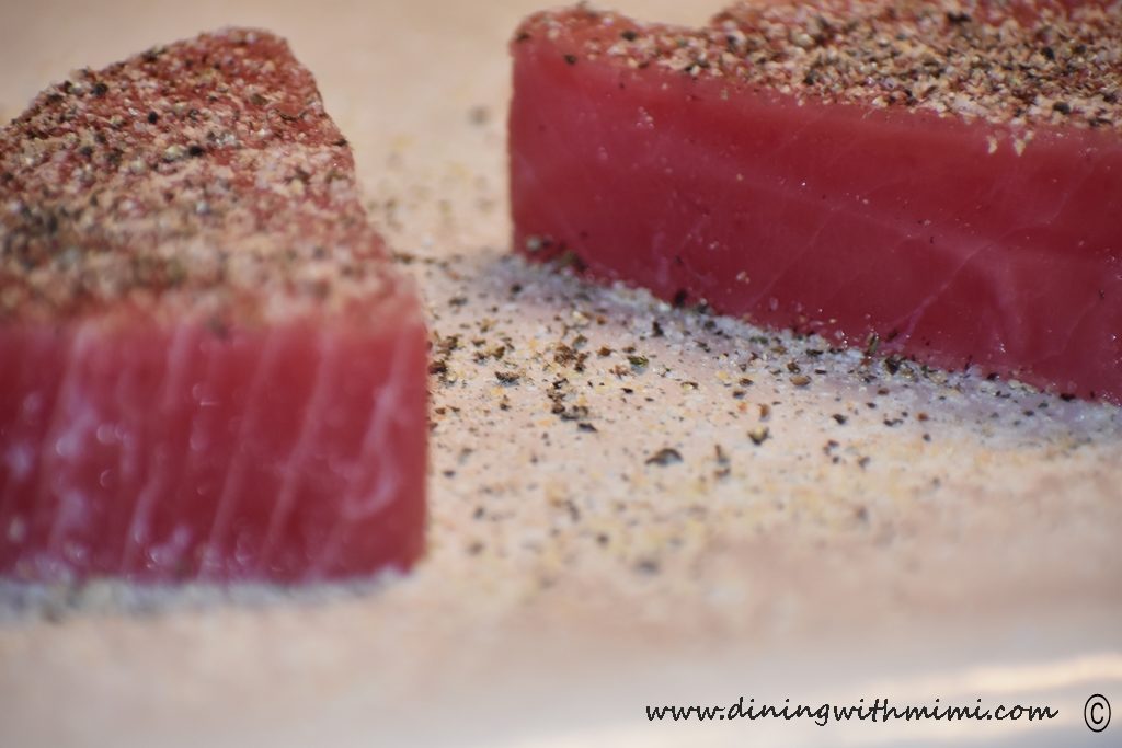 Raw Ahi tuna for Seasoned Ahi Tuna Steaks Sear Then Flip Recipe www.diningwithmimi.com