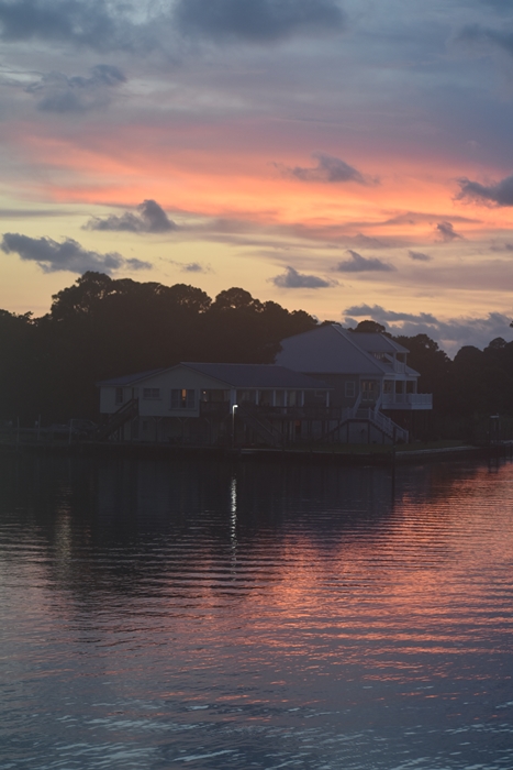 Pink and Blue sky reflected on Bay over House for Unwind on Dauphin Island www.diningwithmimi.com Pink and Blue sky reflected on Bay over House for Unwind on Dauphin Island www.diningwithmimi.com