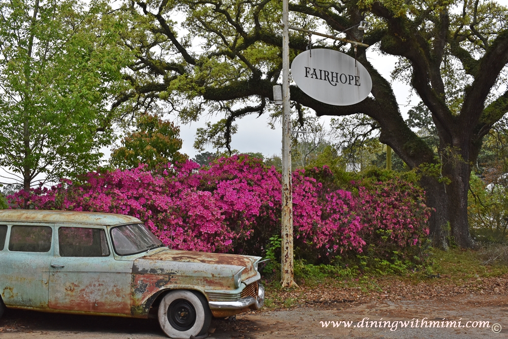 Fairhope Sign is full glory with azaleas blooming www.diningwithmimi.com