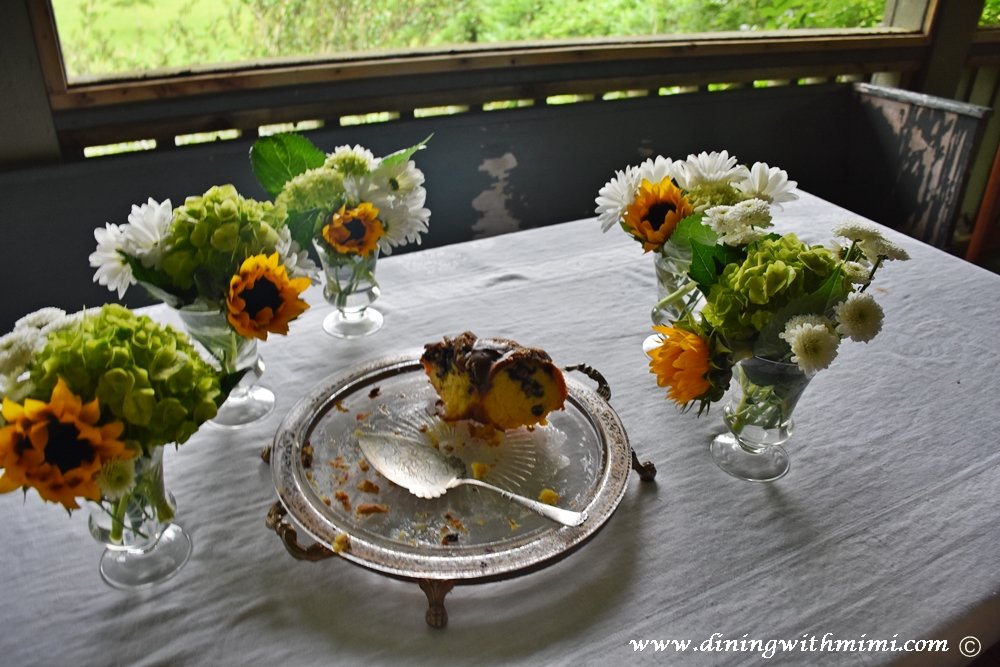 Sunflowers frorals with Mimis Never Fail Spirited Bundt Cake www.diningwithmimi.com