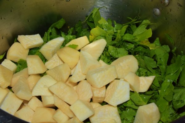 SalubriouSalubrious Turnip Greens and Roots in Stock pot www.diningwithmimi.com
