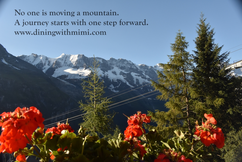 Snow capped Swiss Alps with red flowers blooming for January 2020 Hoda Wan Kenobi www.diningwithmimi.com