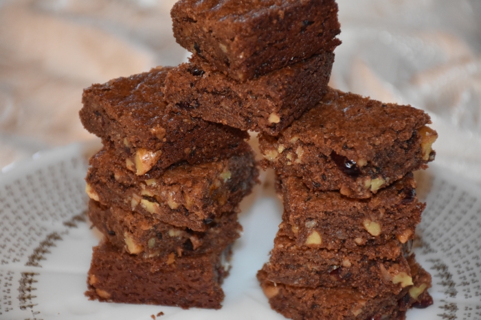 Tower of Mimi's Gluten Free Nutty Fudgy Indulgent Brownies with Coconut on Ivory Vintage Cakeplate www.diningwithmimi.com