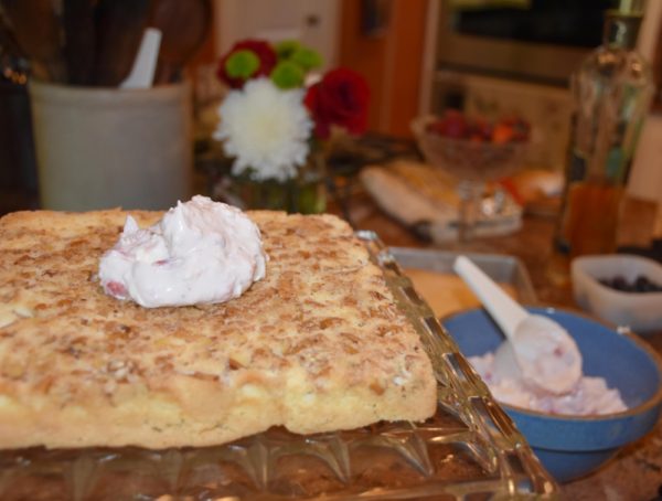 Pecan topped cake with Mimis filling for triple layer cake www.diningwithmimi.com