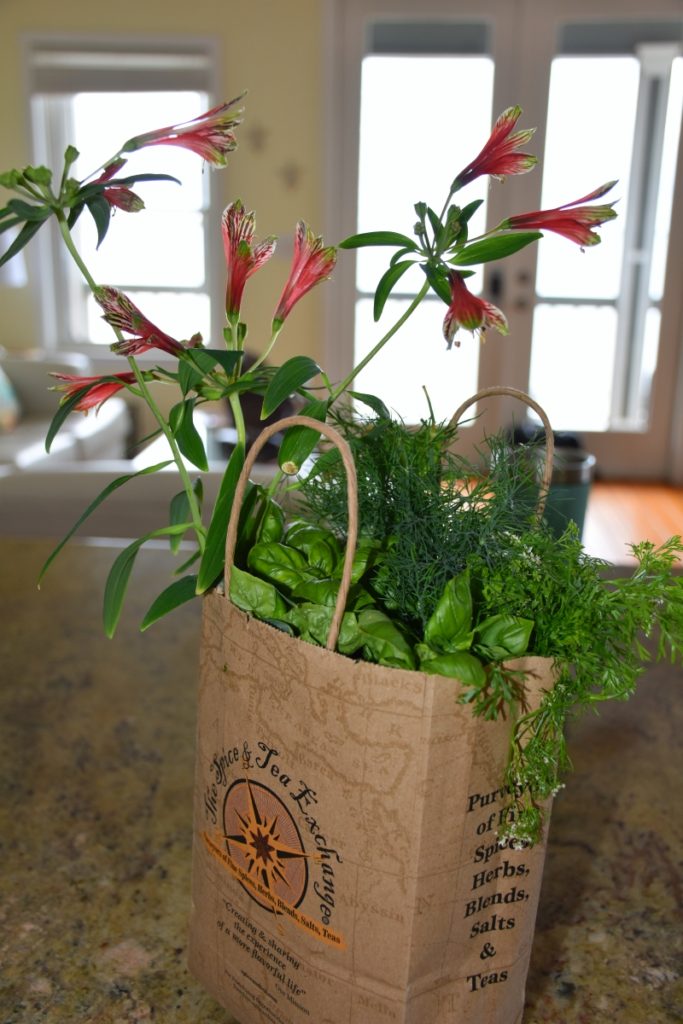 Packing herbs & flowers for Dauphin Island www.diningwithmimi.com